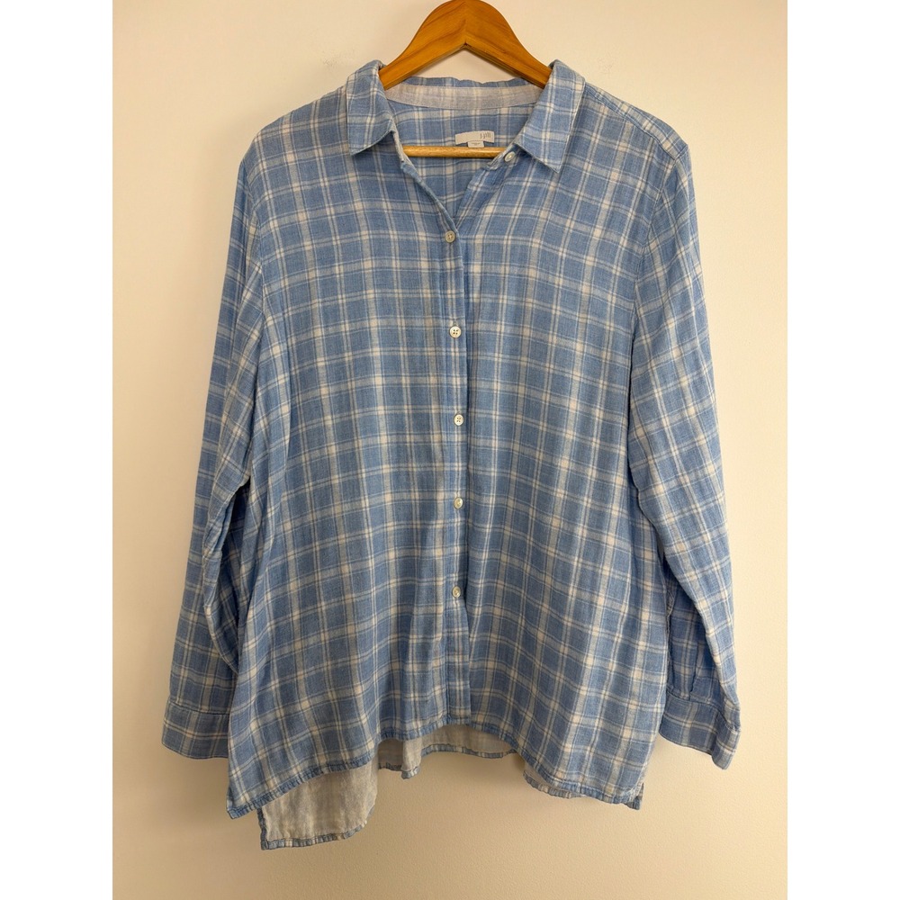 J. Jill Plaid Button Down Gauzy 100% Cotton Shirt XL Roll Tab Sleeve Coastal